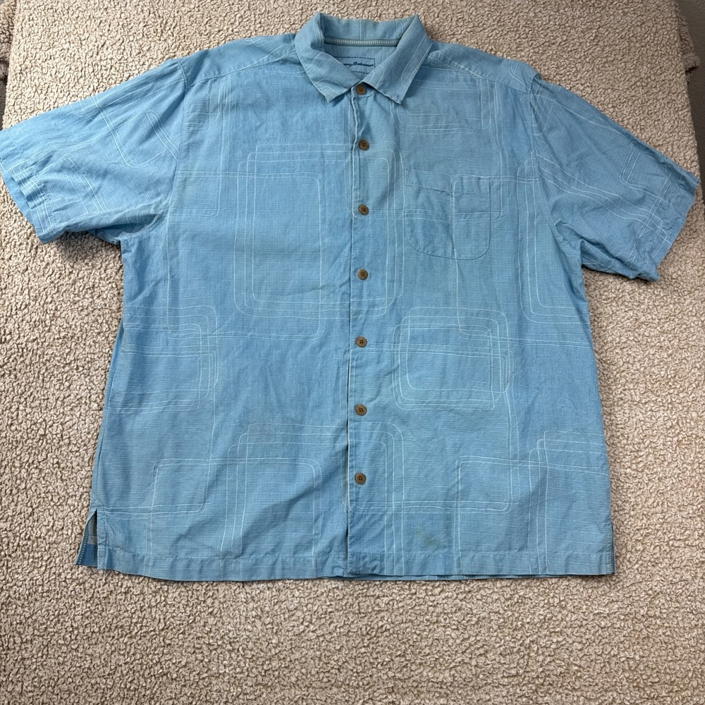 READ Tommy Bahama Men's Blue Short Sleeve Shirt 100% Silk Abstract Hawaii XL